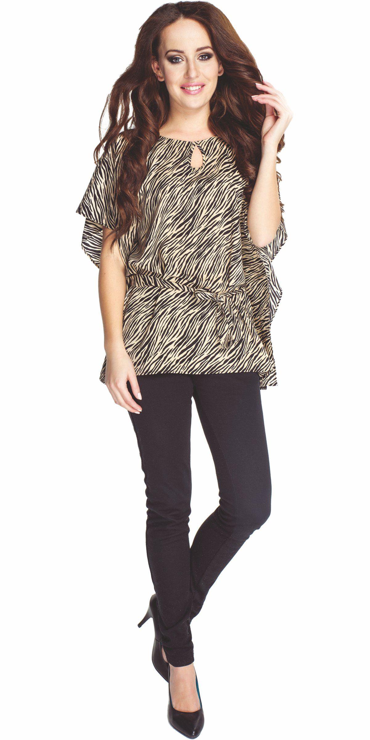 Lookat-Luźna szyfonowa bluzka wiązana w pasie we wzór-beżowy   czarny druk