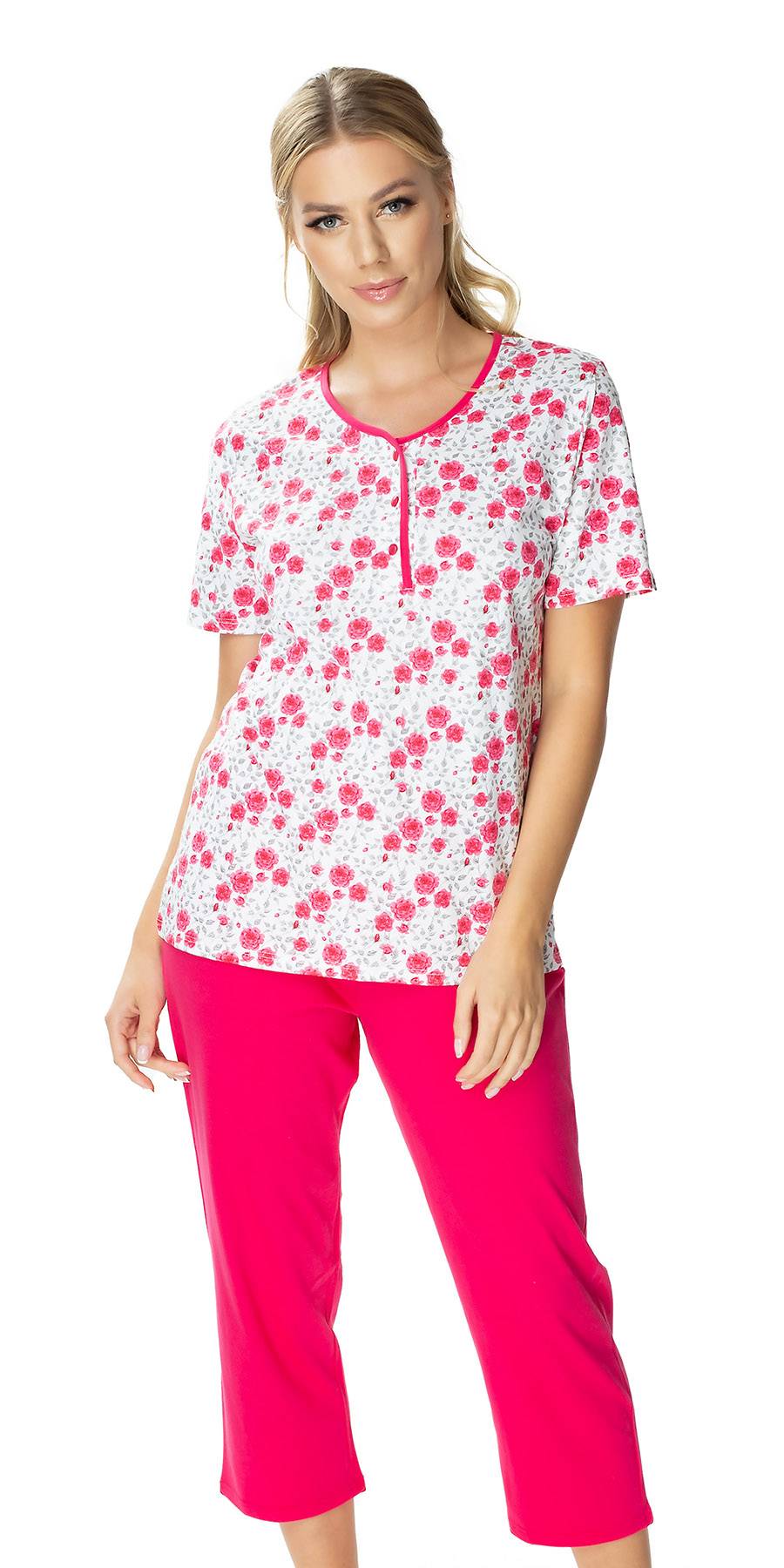 Mewa-Różowa piżama damska Rozalia dwuczęściowa wzór-druk w kwiaty