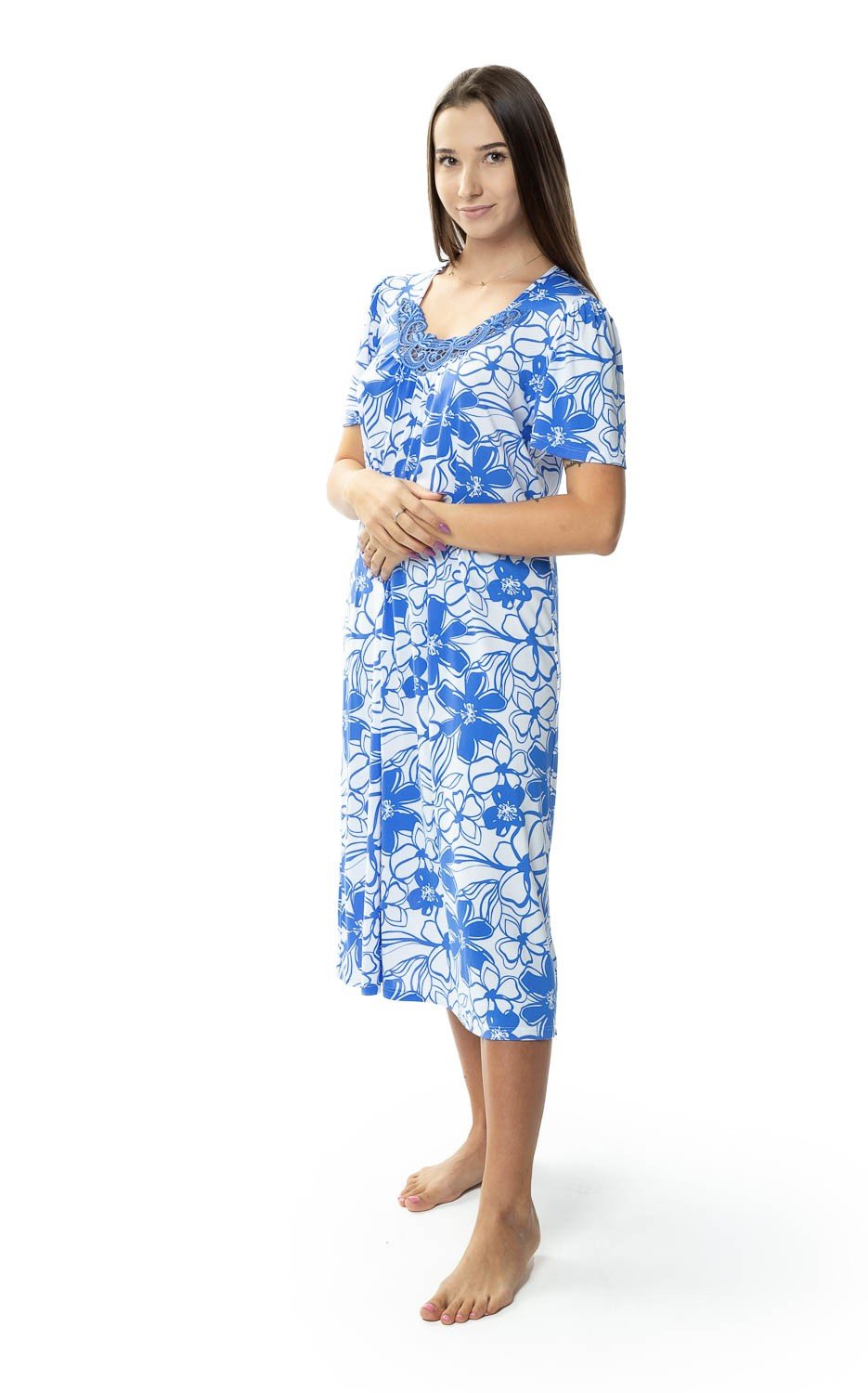 Mewa-Kwiecista koszula nocna Koletta za kolano-szafirowe kwiaty